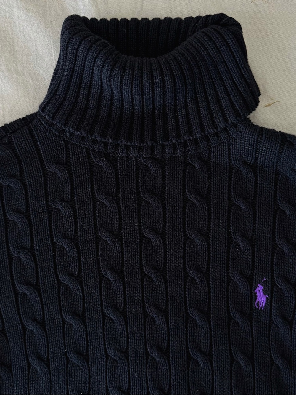 Ralph Lauren Black Cable Turtleneck with Purple Pony
